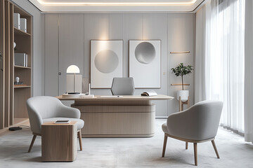 An office environment designed in a Scandinavian style, highlighting soft grays and natural wood textures, bathed in soft daylight for a serene and focused workspace - obrazy, fototapety, plakaty