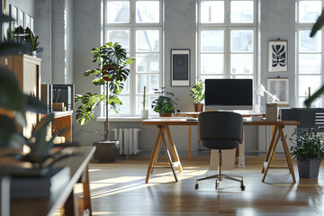 Fototapeta premium An office environment designed in a Scandinavian style, highlighting soft grays and natural wood textures, bathed in soft daylight for a serene and focused workspace