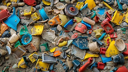 Fototapeta premium Weathered plastic parts of various colors scattered across sandy soil, depicting environmental pollution