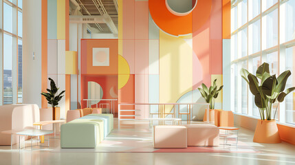 Highdefinition image of a spacious modern office featuring geometrically inspired furniture in pastel colors, devoid of people for a tranquil workspace atmosphere - obrazy, fototapety, plakaty