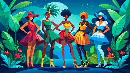 Group photo, Five full-length skinny female models posing. The whole figure is in the frame. Victoria's secret style.