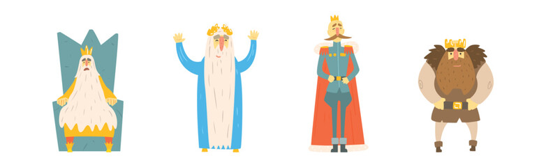 Man King Character with Beard Wearing Crown Vector Set