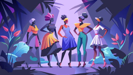 Group photo, Five full-length skinny female models posing. The whole figure is in the frame. Victoria's secret style. The image is a stylized, cartoon-like illustration of a fashion show with several