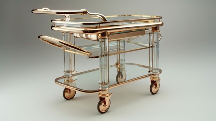 modern brass and glass bar cart with wheels, gold finish, to shelves, chrome wheel trim, vintage design, in the style of french style, white background  - obrazy, fototapety, plakaty