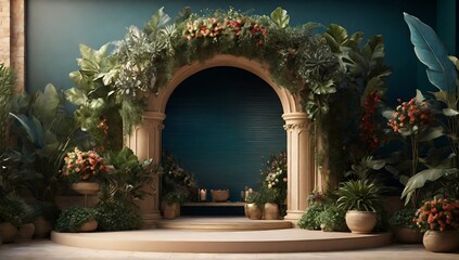 Fototapeta premium background for product displays with a podium in the middle, and plant ornaments, elegant, luxurious, product display podium, made with AI generative