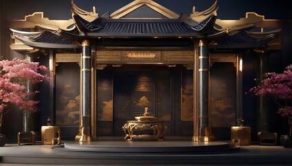 background for product displays with a podium in the middle, and plant ornaments, elegant, luxurious, product display podium, made with AI generative