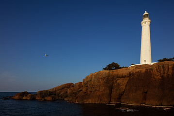 Fototapeta premium 西日でオレンジ色に染まる白い灯台 / 島根県出雲市大社町日御碕灯台