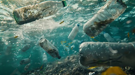Underwater view of scattered plastic waste and bottles in the ocean, depicting the pollution and impact on marine life