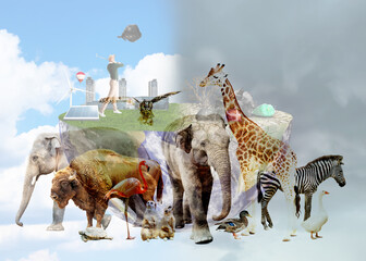 Double exposure of different animals and conceptual image depicting Earth destroying by...