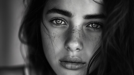 Young woman with freckles, staring directly at the camera, her dark hair tousled and framing her face beautifully.