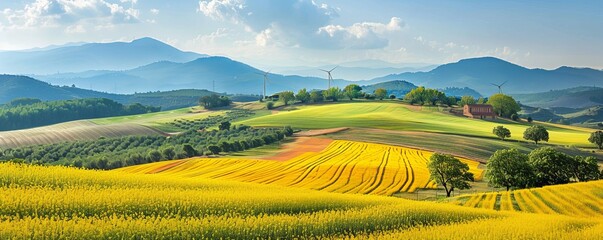 Windmills between agricultural fields with rapeseed plantations on the hills of the province of Tarragona in Spain - obrazy, fototapety, plakaty