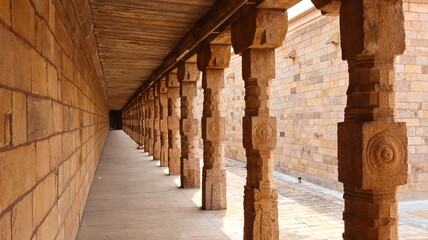 Beautiful Carving Details on the Pillars of Sri Rangnatha Swamy Temple, 100 BCE Living Hindu Temple, Srirangam, Tiruchirappalli, Tamil Nadu, India.