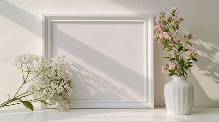 A white frame with a white background and a bunch of white flowers
