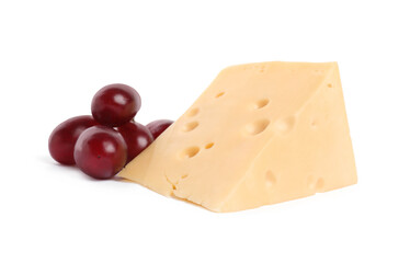 Piece of delicious cheese and grapes isolated on white