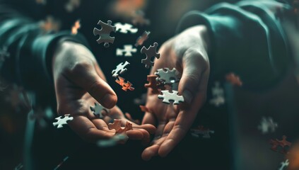 Horizontal image of hands and puzzle on dark blue background