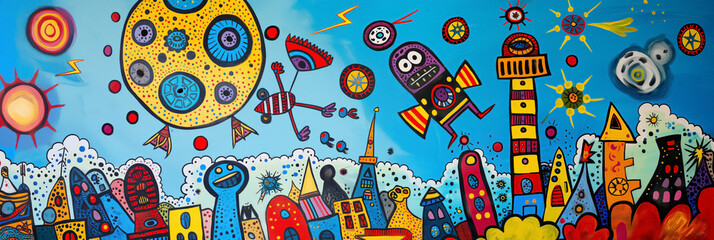 Naklejka premium Whimsical cityscape filled with colorful buildings, fantastical creatures, and abstract elements under a bright, sunny sky.