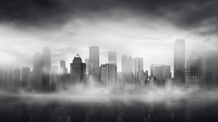 black and white photo of a city skyline in the fog with skyscrapers, art design