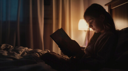 Fototapeta premium A mother reading a bedtime story to her child, illuminated by the soft glow of a bedside lamp, with shadows casting a sense of intimacy. Dynamic and dramatic composition, with copy