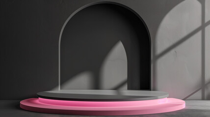 Black and pink podium on the dark background.