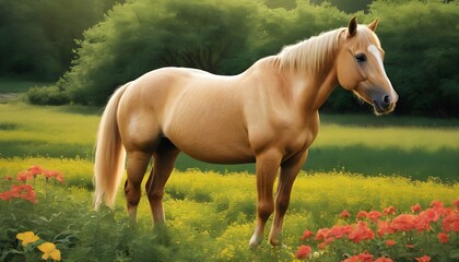 Obraz na płótnie Canvas Depict a golden horse grazing peacefully in a sun