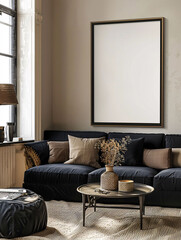 A living room with a black couch and a white coffee table