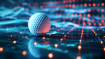 The golf ball is sitting on a grid with a glowing orange background.