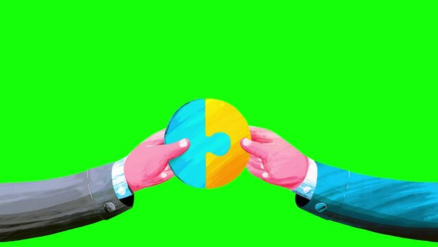 Two hands with color puzzles matching greenbox. Yellow and blue version. Business cartoon animation explainer hand made painting flat design style. Two businessmen agreement.