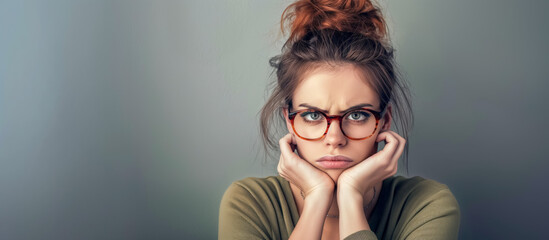Young woman wearing glasses, her hands resting on her cheeks, displaying a pensive and slightly troubled expression, set against a plain background. - Powered by Adobe