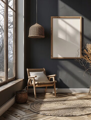 A white chair sits in front of a large empty framed picture on a wall