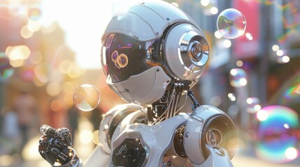 Fototapeta premium Street performer robot in a summer festival setting, blowing large, colorful soap bubbles under the sun, detailed and joyful