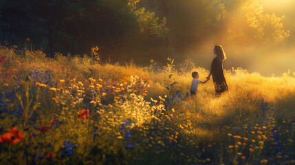 A mother and child enjoying a playful moment in a field of wildflowers, with the sun casting long shadows and vibrant colors painting the scene. Dynamic and dramatic composition, w