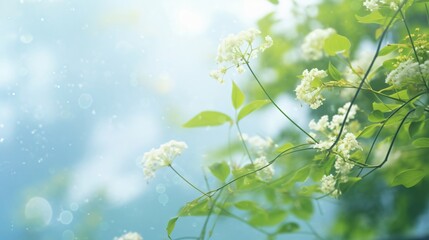 Abstract blurred spring background with green trees  blue sky and bokeh light effect - obrazy, fototapety, plakaty