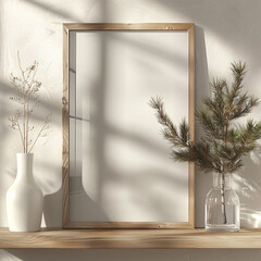 A small potted tree sits on a shelf next to a white frame