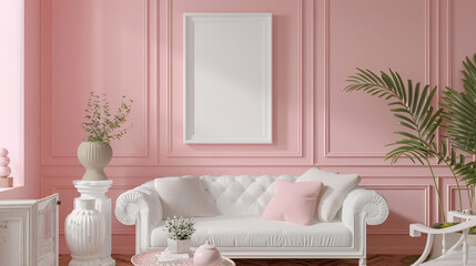 A white couch is in a room with pink walls and a white framed picture