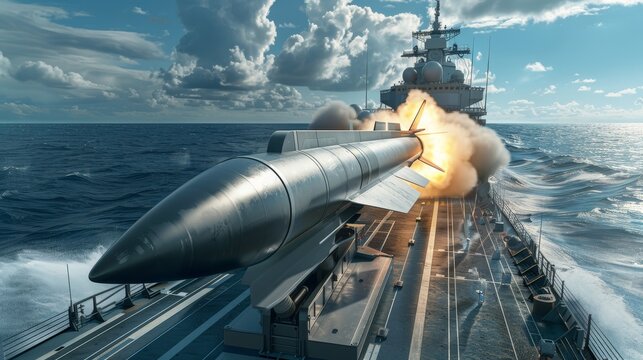 Special concept art of a sleek anti-aircraft missile launch, viewed from the deck of a modern naval ship, ocean backdrop