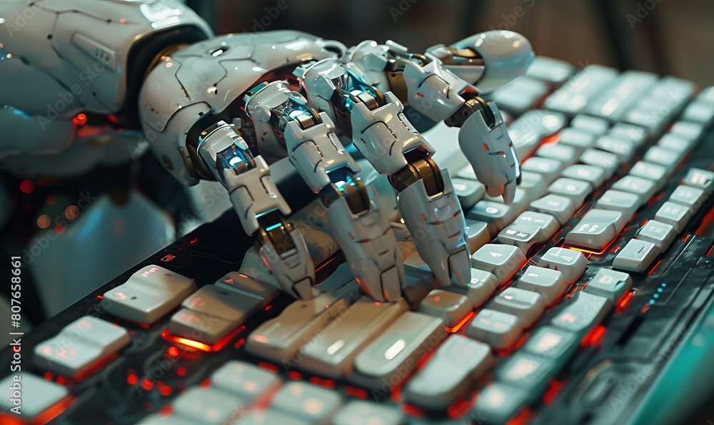 Aufkleber futuristic robot hands typing on a laptop generative ai image