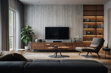 Cozy Living Room with Earthy Neutral Tones Modern Decor and Natural Light, beige and dark atmosphere