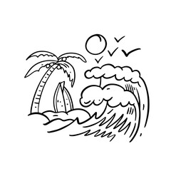 Monochromatic illustration of a palm tree, waves, and a surfboard