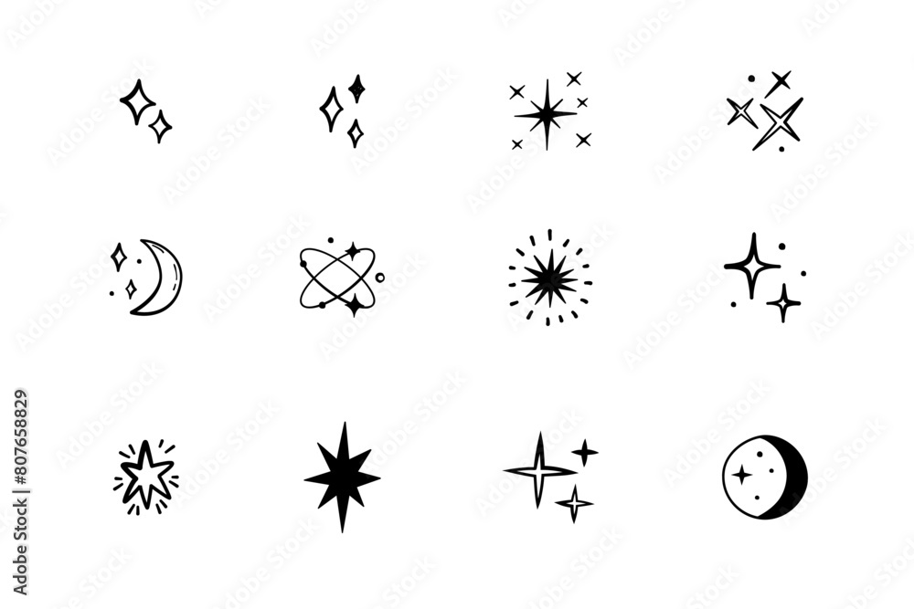 Wall mural sparkle star icon set, vector hand drawn design element.