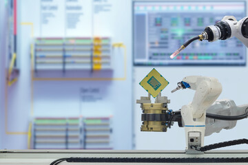 Industrial automation gripping robot and welding robot are working with CPU microchip on smart...