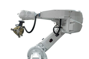 Close-up industrial automation gripping robot for pick metalwork on smart factory, industry 4.0