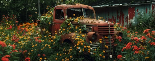 Overgrown truck with flowers in the garden