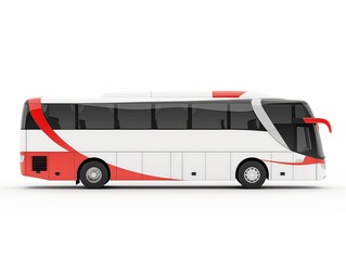 Side view of a contemporary coach bus with white and red design, isolated on a white background, implying concepts of travel and transportation.