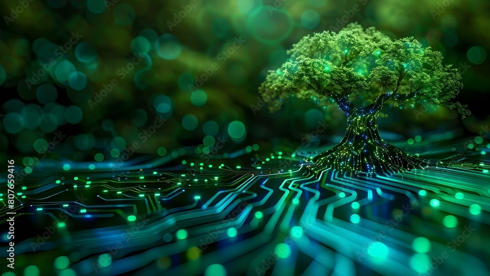 Poster green technology merges with it ethics on a treeinspired computer circuit board. concept technology,