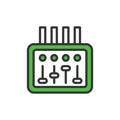 Electrical panel, in line design, green. Electrical, panel, Circuit breaker, Power distribution, Control panel, Switchboard, Fuse box on white background vector. Electrical panel editable stroke icon.