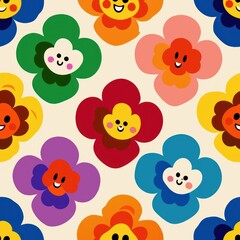 Fototapeta premium Seamless pattern of cheerful pansies in a rainbow of colors, with distinctive faces on their petals, Generative AI