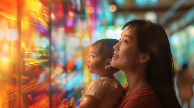A mother and child exploring a museum or art gallery together, their faces filled with curiosity and wonder, against a backdrop of vibrant exhibits and displays. Dynamic and dramat
