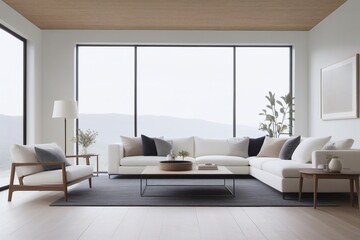  a modern minimalist living room with a large window, showcasing a mountain view, neutral tones, and elegant furniture design