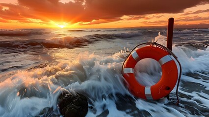 Image of coastal safety with life ring pole highlighting importance of prevention. Concept Coastal Safety, Life Ring Pole, Prevention, Importance, Image