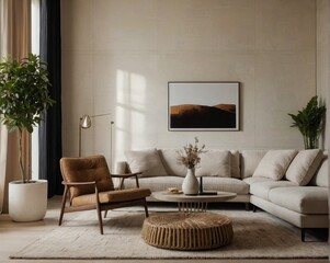 Cozy Living Room with Earthy Neutral Tones Modern Decor and Natural Light, beige and dark atmosphere